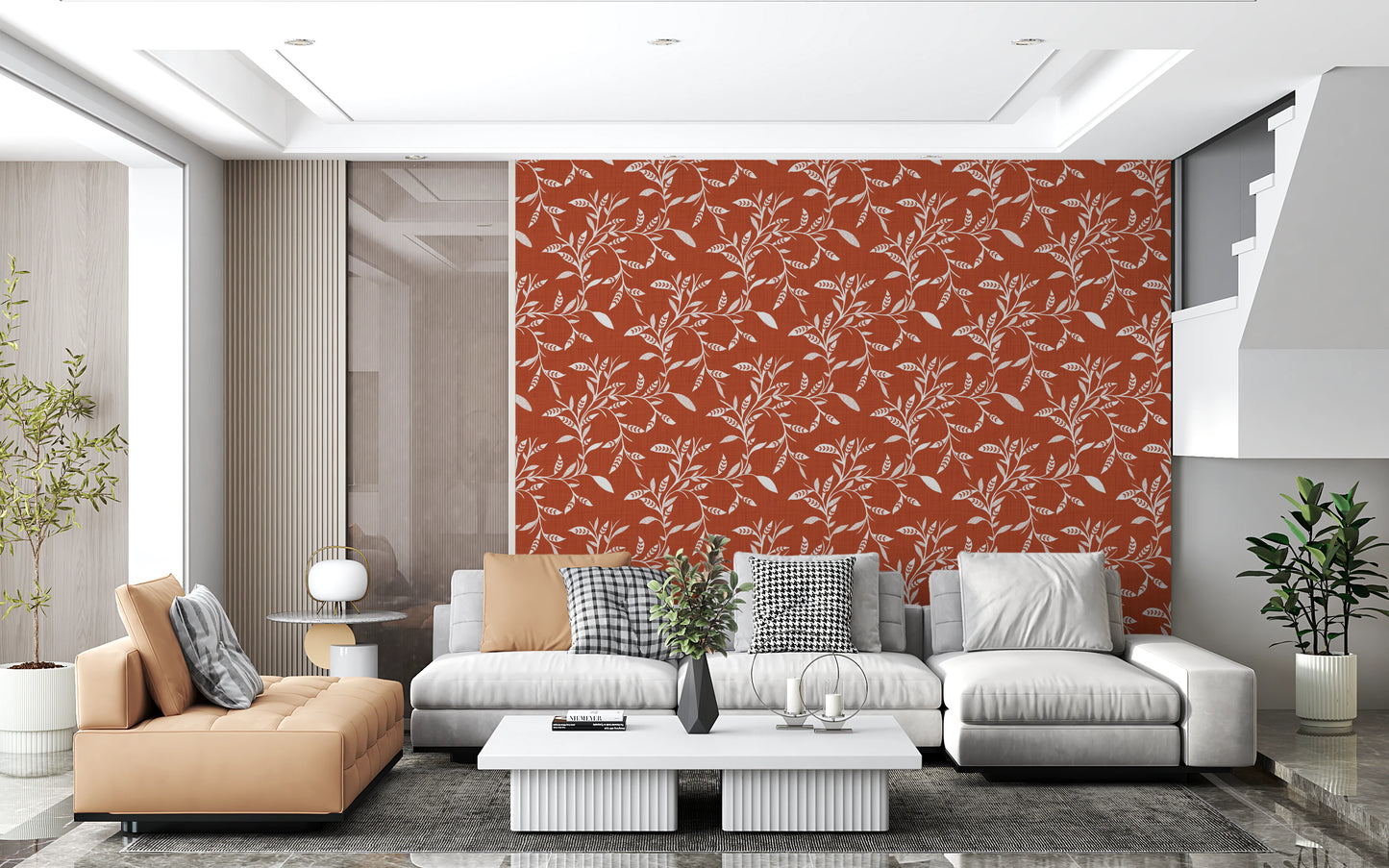 Cozy Scandi Folk Leaf Vine Burnt Terracotta - Craft Blender Wallpaper⁠