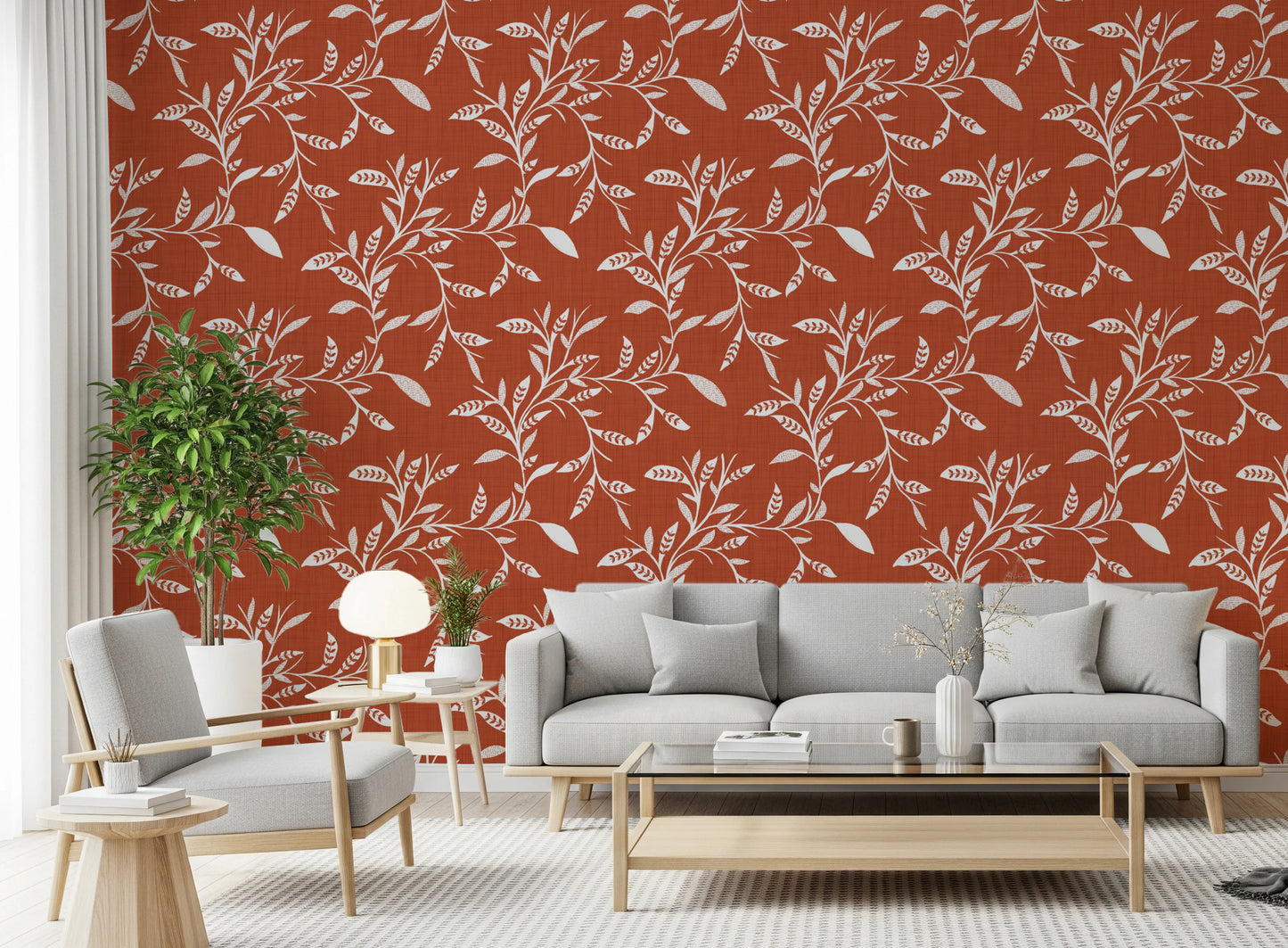 Cozy Scandi Folk Leaf Vine Burnt Terracotta - Craft Blender Wallpaper⁠