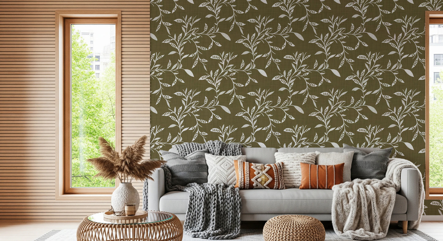 Cozy Scandi Folk Leaf Vine Earthy Olive - Craft Blender Wallpaper⁠