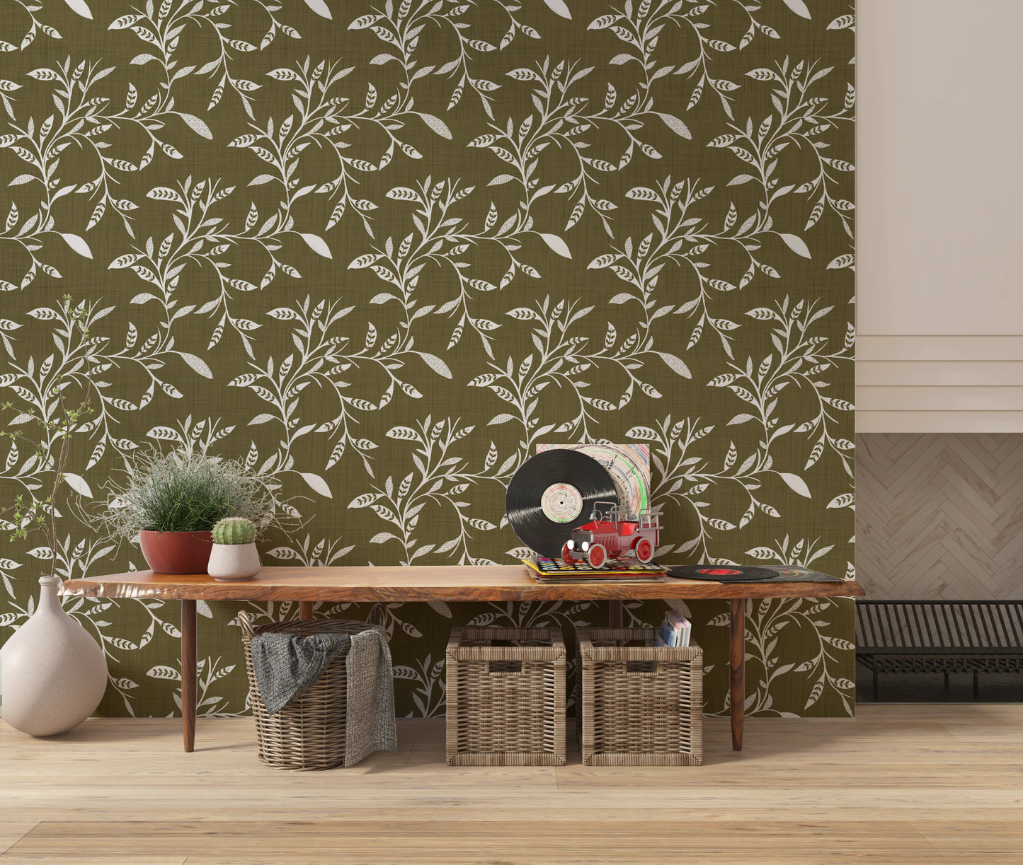 Cozy Scandi Folk Leaf Vine Earthy Olive - Craft Blender Wallpaper⁠