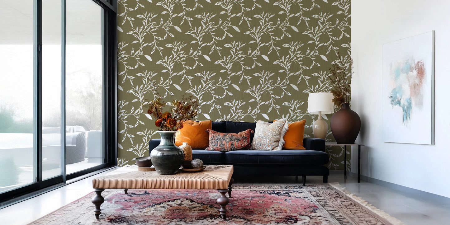 Cozy Scandi Folk Leaf Vine Earthy Olive - Craft Blender Wallpaper⁠
