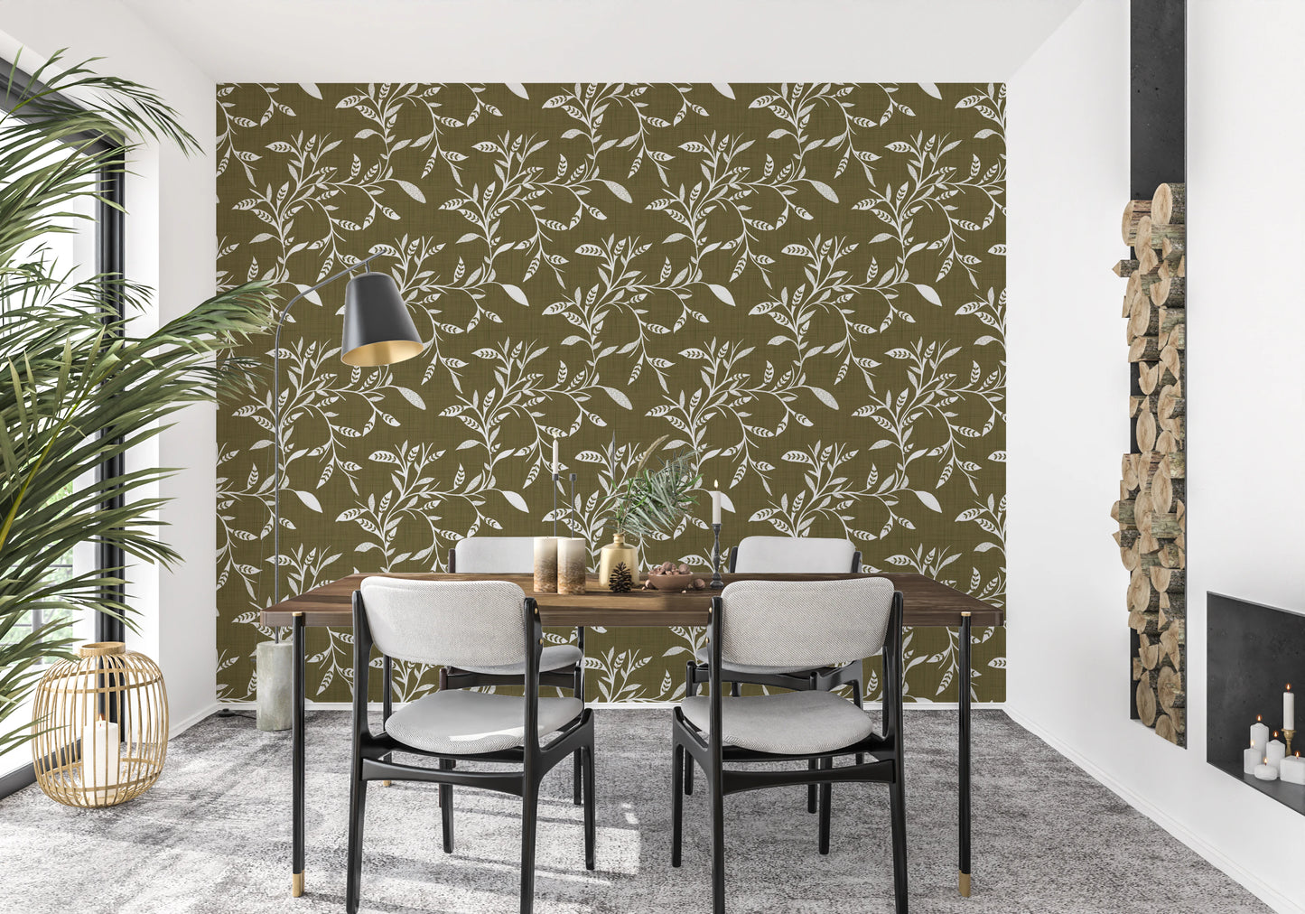 Cozy Scandi Folk Leaf Vine Earthy Olive - Craft Blender Wallpaper⁠