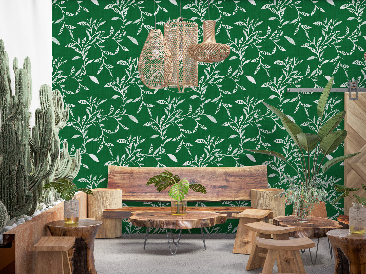 Cozy Scandi Folk Leaf Vine Forest Green - Craft Blender Wallpaper⁠