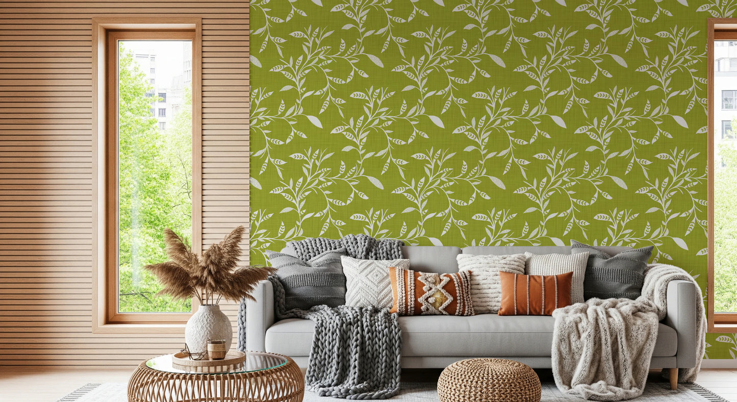 Cozy Scandi Folk Leaf Vine Olive Chartreuse - Craft Blender Wallpaper⁠
