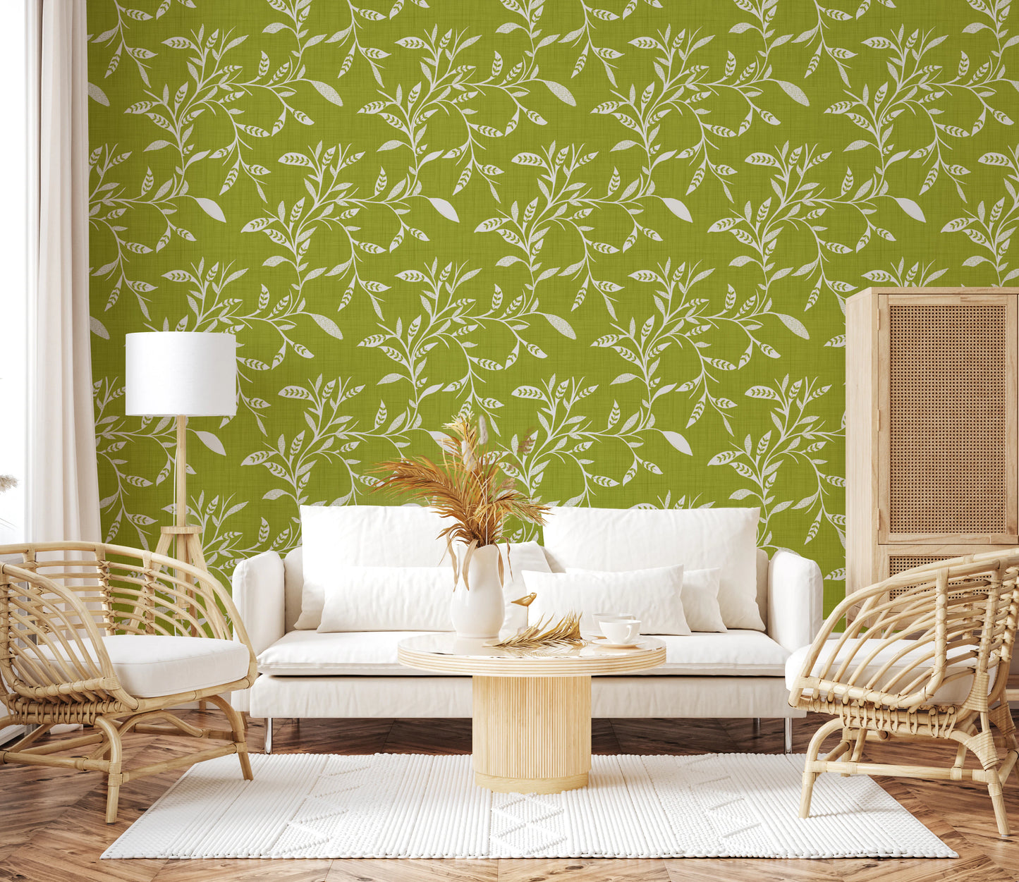 Cozy Scandi Folk Leaf Vine Olive Chartreuse - Craft Blender Wallpaper⁠