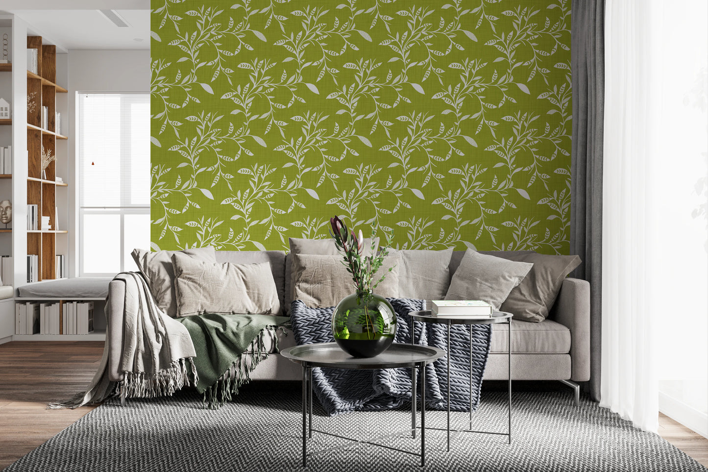 Cozy Scandi Folk Leaf Vine Olive Chartreuse - Craft Blender Wallpaper⁠