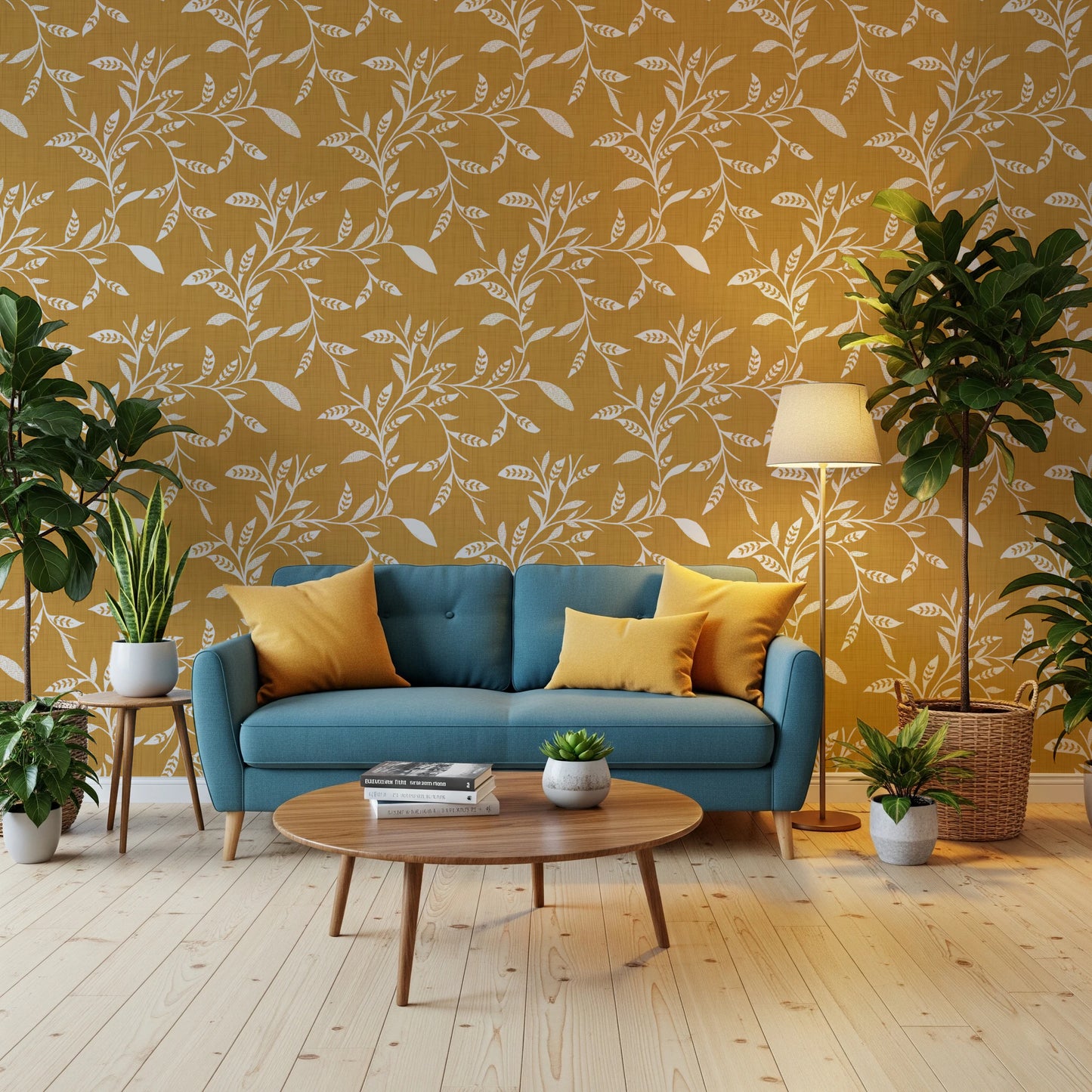 Cozy Scandi Folk Leaf Vine Honey Mustard - Craft Blender Wallpaper⁠