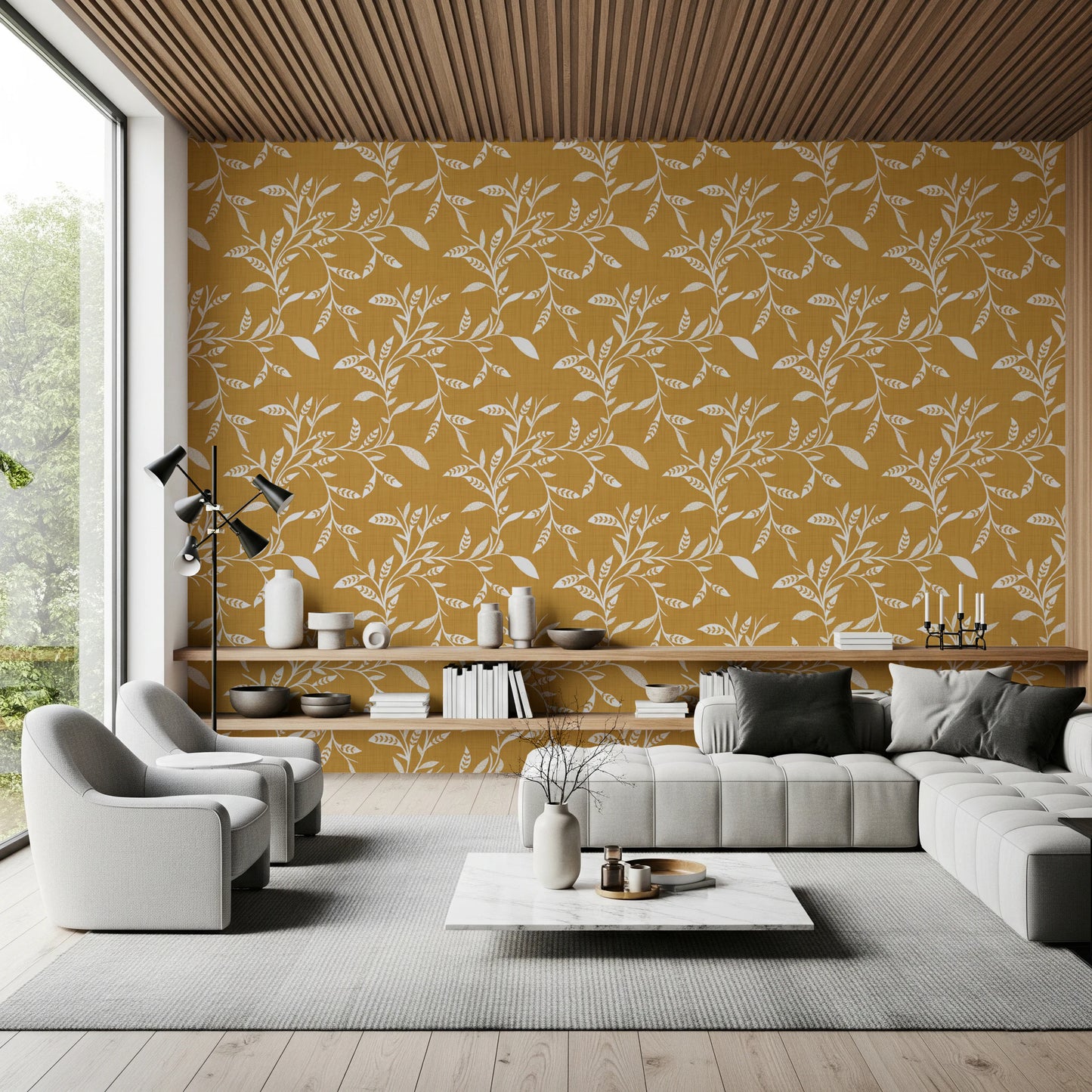 Cozy Scandi Folk Leaf Vine Honey Mustard - Craft Blender Wallpaper⁠