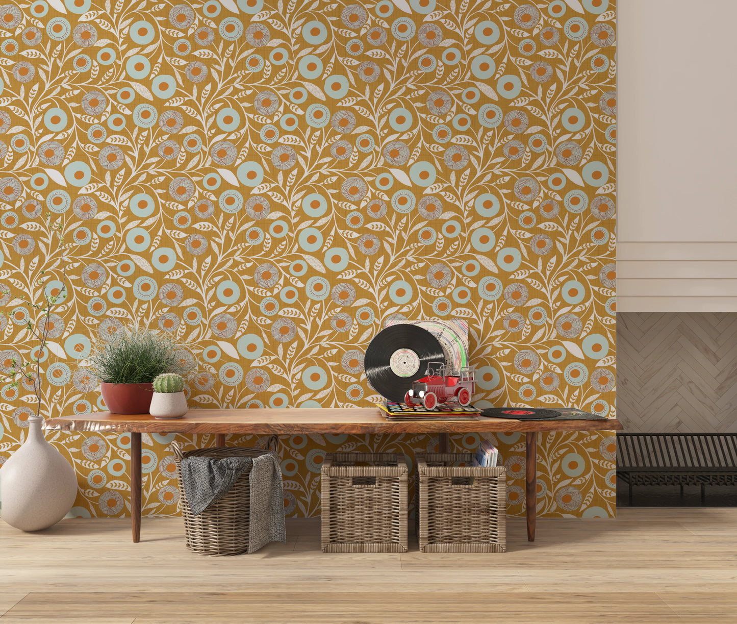 Cozy Scandi Folk Floral Honey Mustard - Craft Botanical Wallpaper⁠
