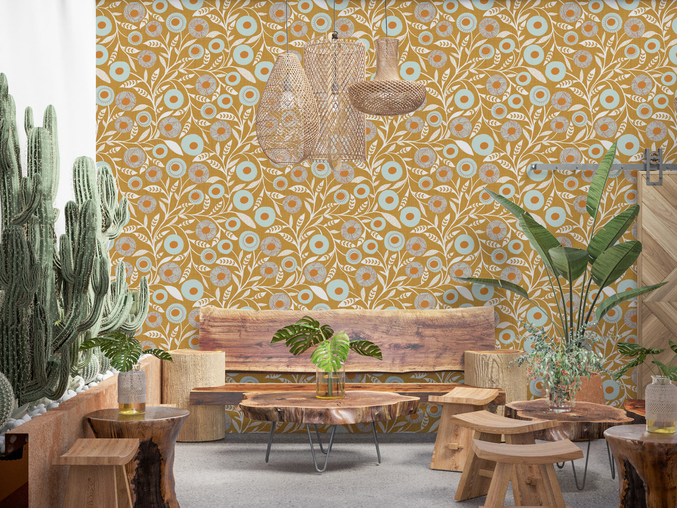 Cozy Scandi Folk Floral Honey Mustard - Craft Botanical Wallpaper⁠