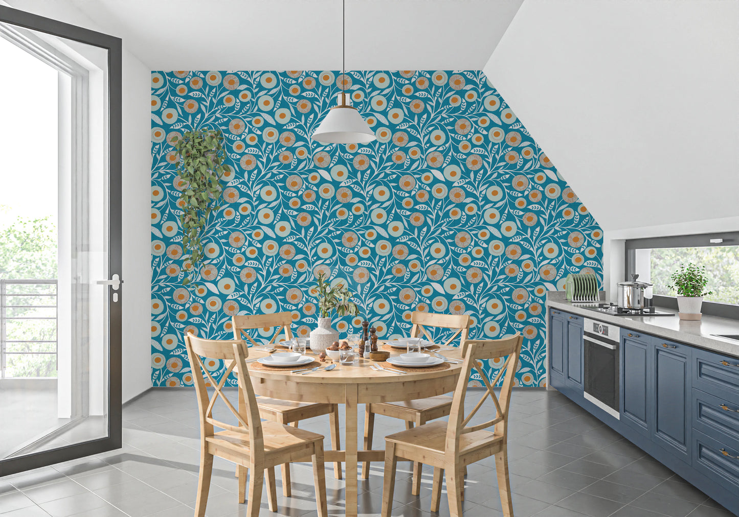 Cozy Scandi Folk Floral Nordic Teal - Craft Botanical Wallpaper⁠