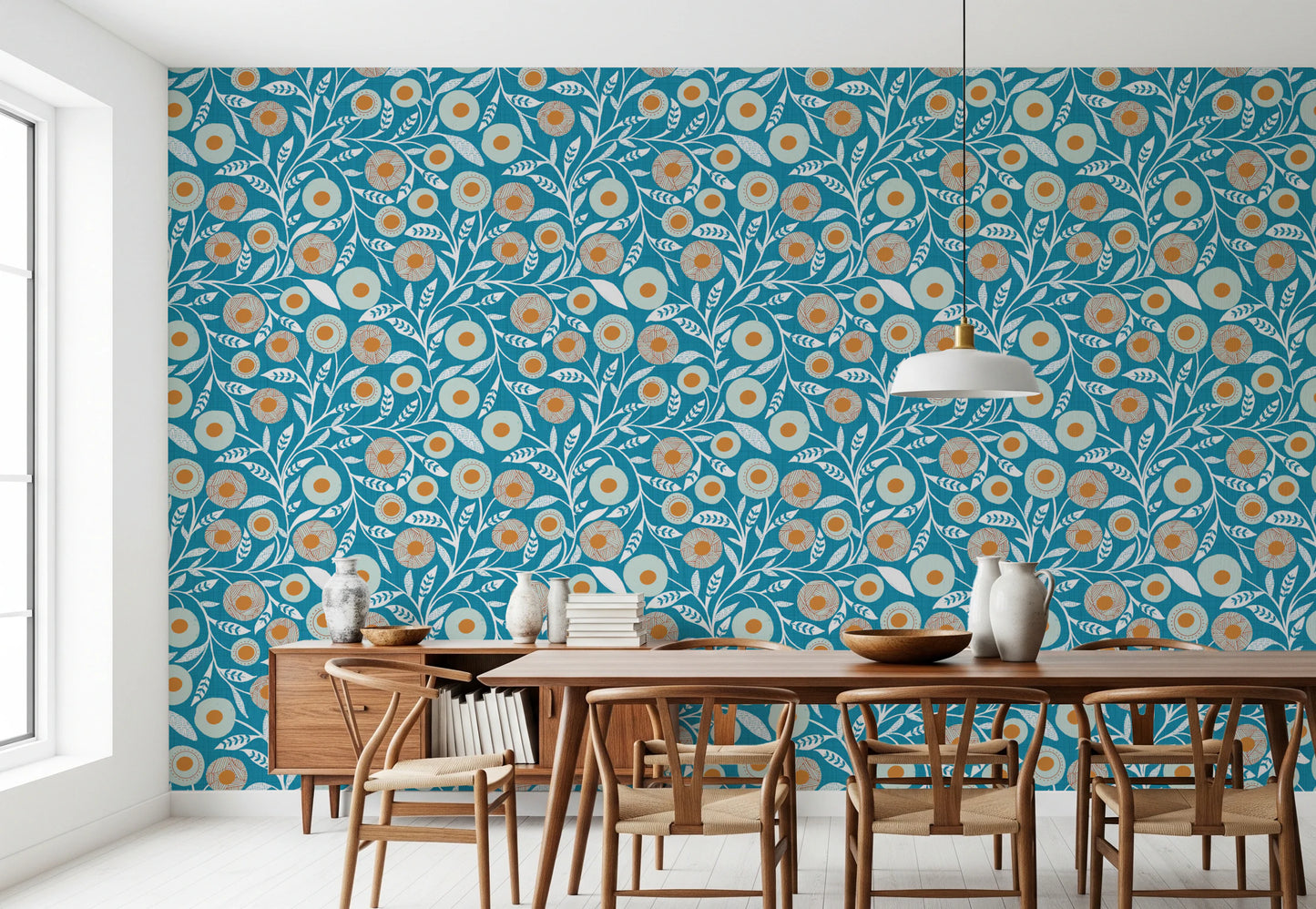 Cozy Scandi Folk Floral Nordic Teal - Craft Botanical Wallpaper⁠