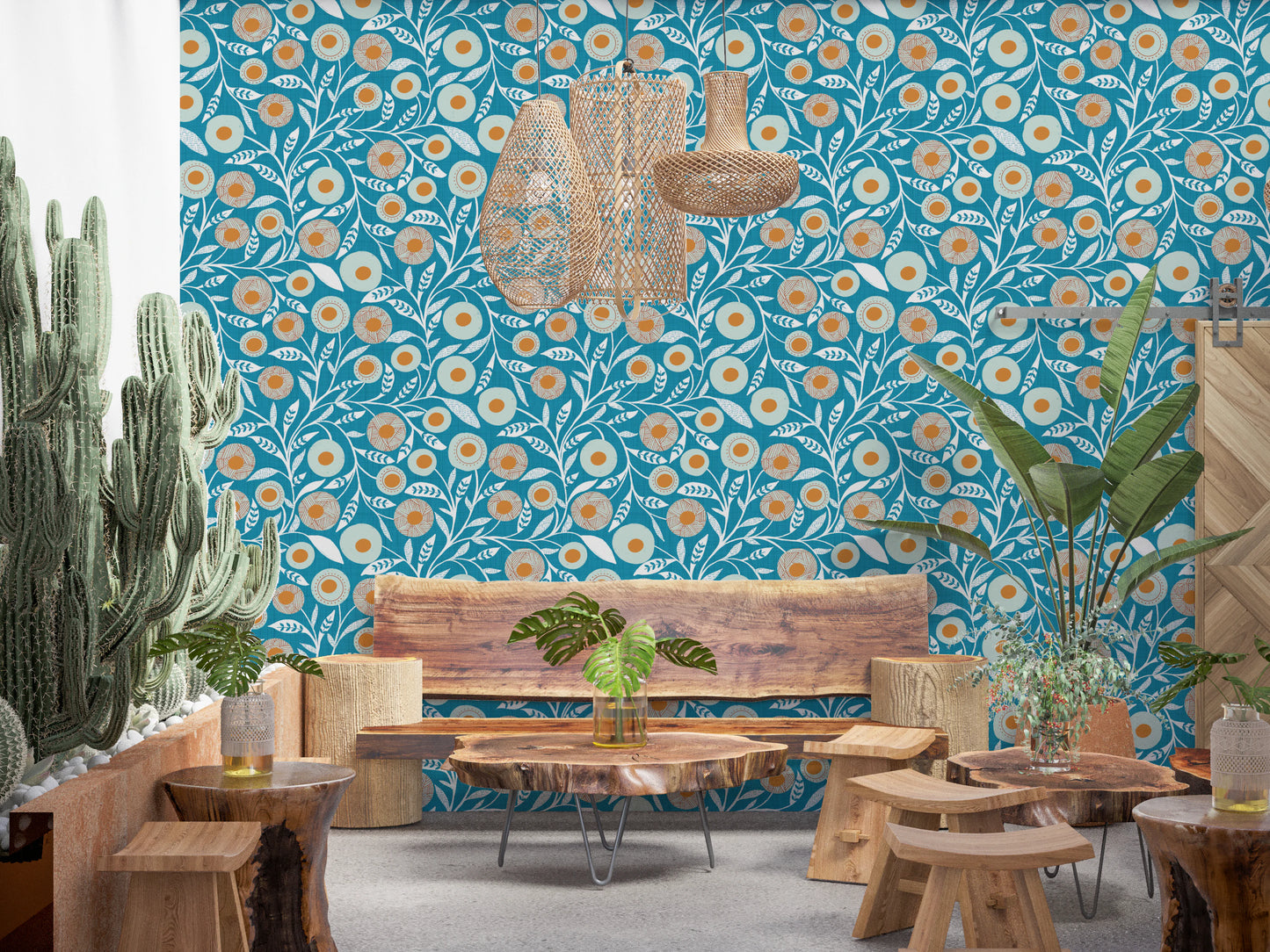 Cozy Scandi Folk Floral Nordic Teal - Craft Botanical Wallpaper⁠