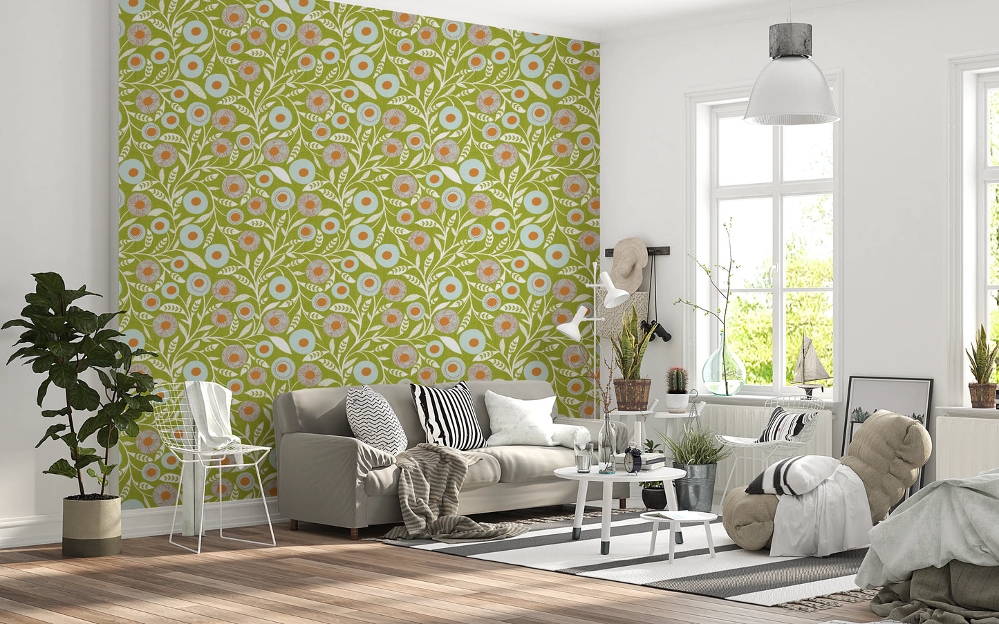 Cozy Scandi Folk Floral Olive Chartreuse - Craft Botanical Wallpaper⁠