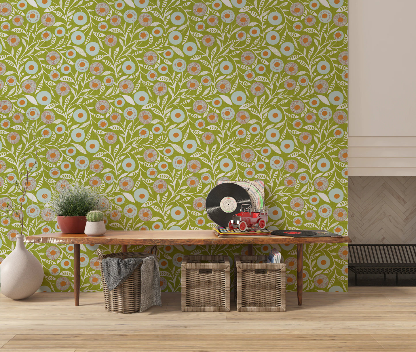Cozy Scandi Folk Floral Olive Chartreuse - Craft Botanical Wallpaper⁠