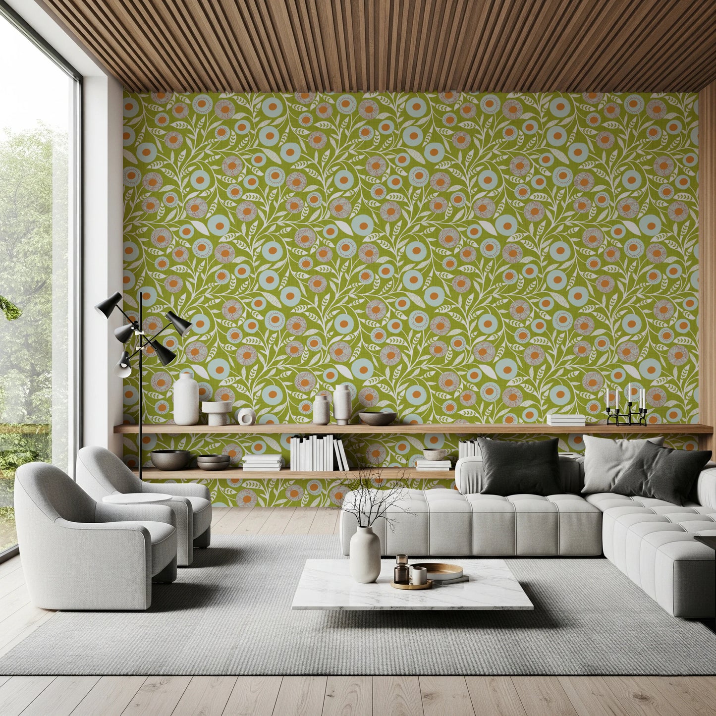 Cozy Scandi Folk Floral Olive Chartreuse - Craft Botanical Wallpaper⁠