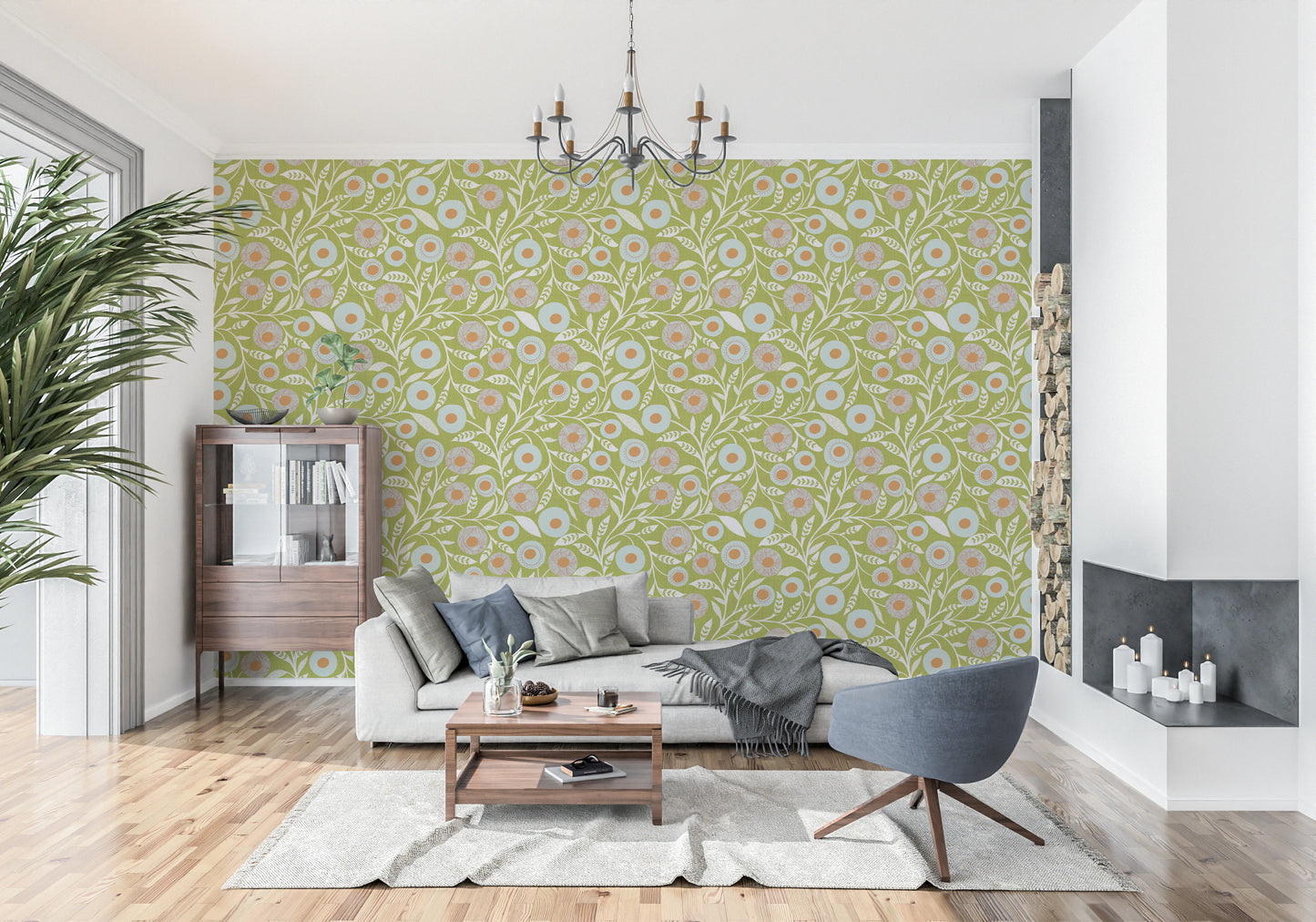 Cozy Scandi Folk Floral Olive Chartreuse - Craft Botanical Wallpaper⁠