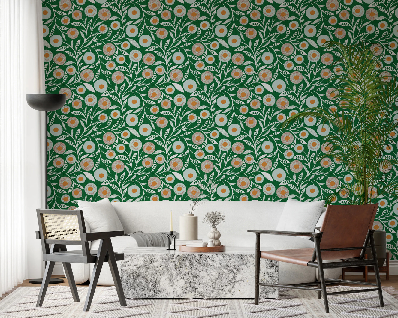 Cozy Scandi Folk Floral Olive Chartreuse - Craft Botanical Wallpaper⁠
