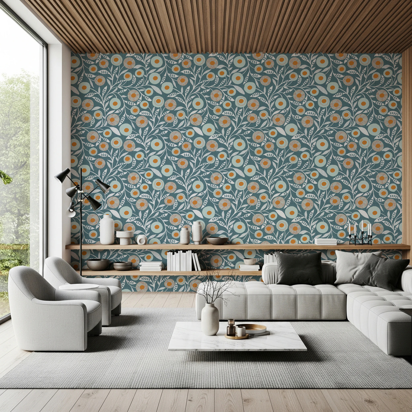 Cozy Scandi Folk Floral Nordic Blue Grey - Craft Botanical Wallpaper⁠