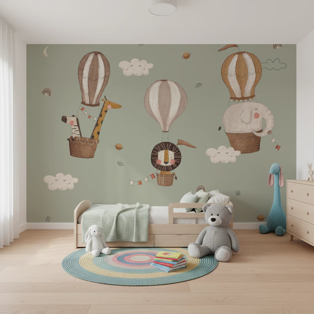 Whimsical Animal Balloon Ride Green Wall Mural