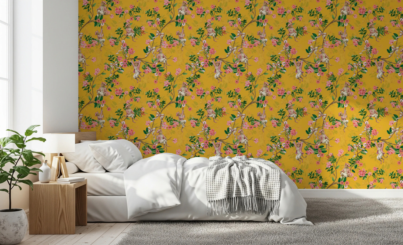 Whimsical Rococo Monkeys Wine Festival Vintage Aristocratic Vineyard Garden Party yellow Wallpaper⁠