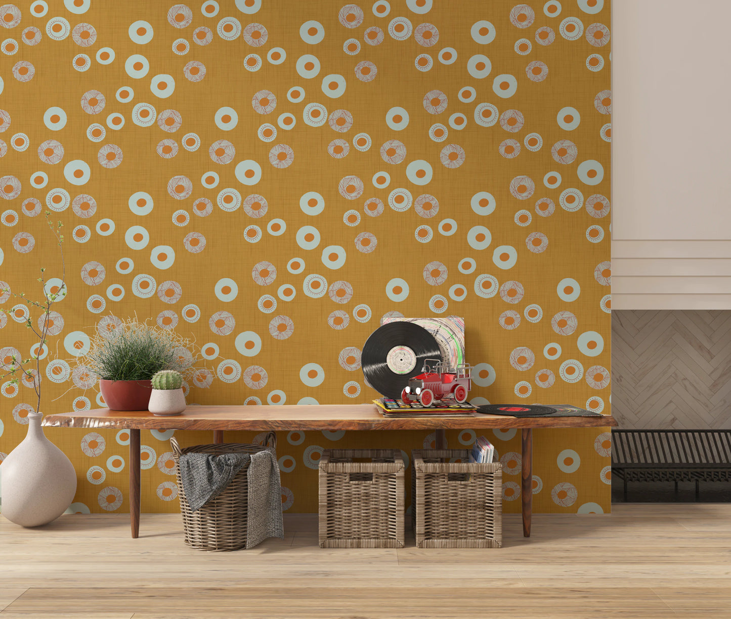 Cozy Scandi Folk Dot Floral Honey Mustard - Craft Circle Wallpaper⁠
