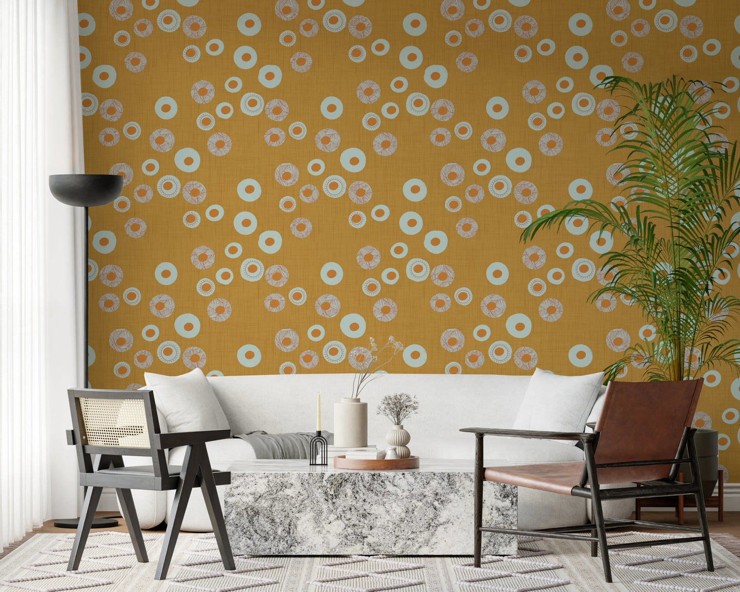 Cozy Scandi Folk Dot Floral Honey Mustard - Craft Circle Wallpaper⁠