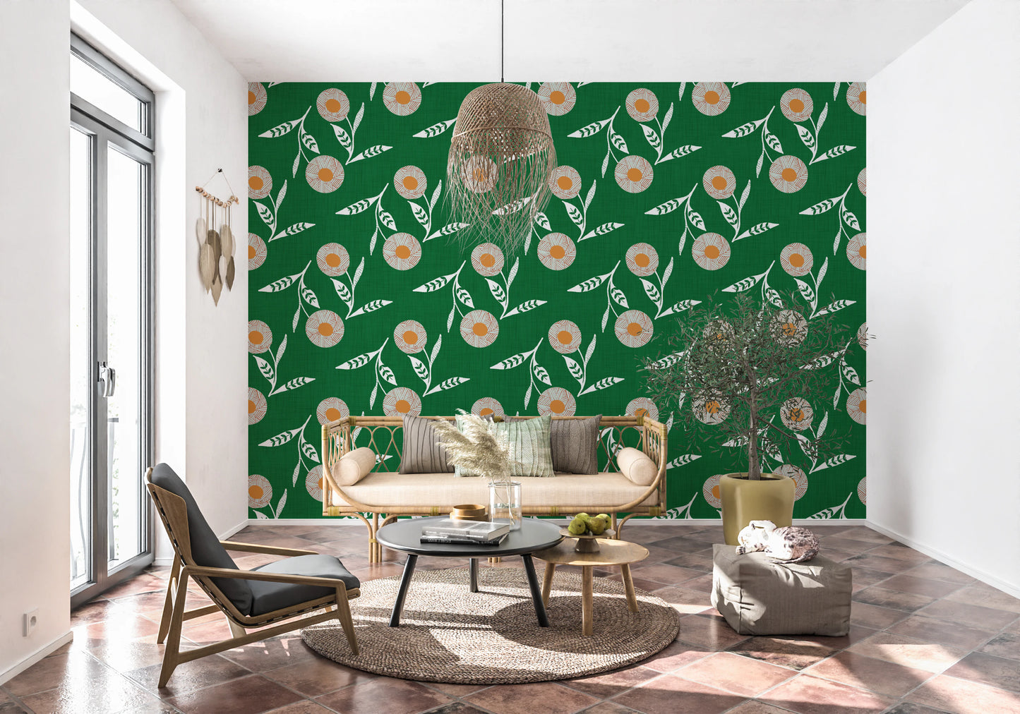 Cozy Scandi Flower Forest Green - Craft Botanical Wallpaper⁠
