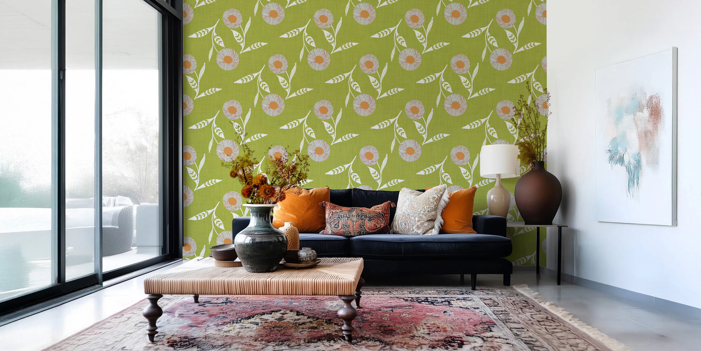 Cozy Scandi Flower Olive Chartreuse - Craft Botanical Wallpaper⁠