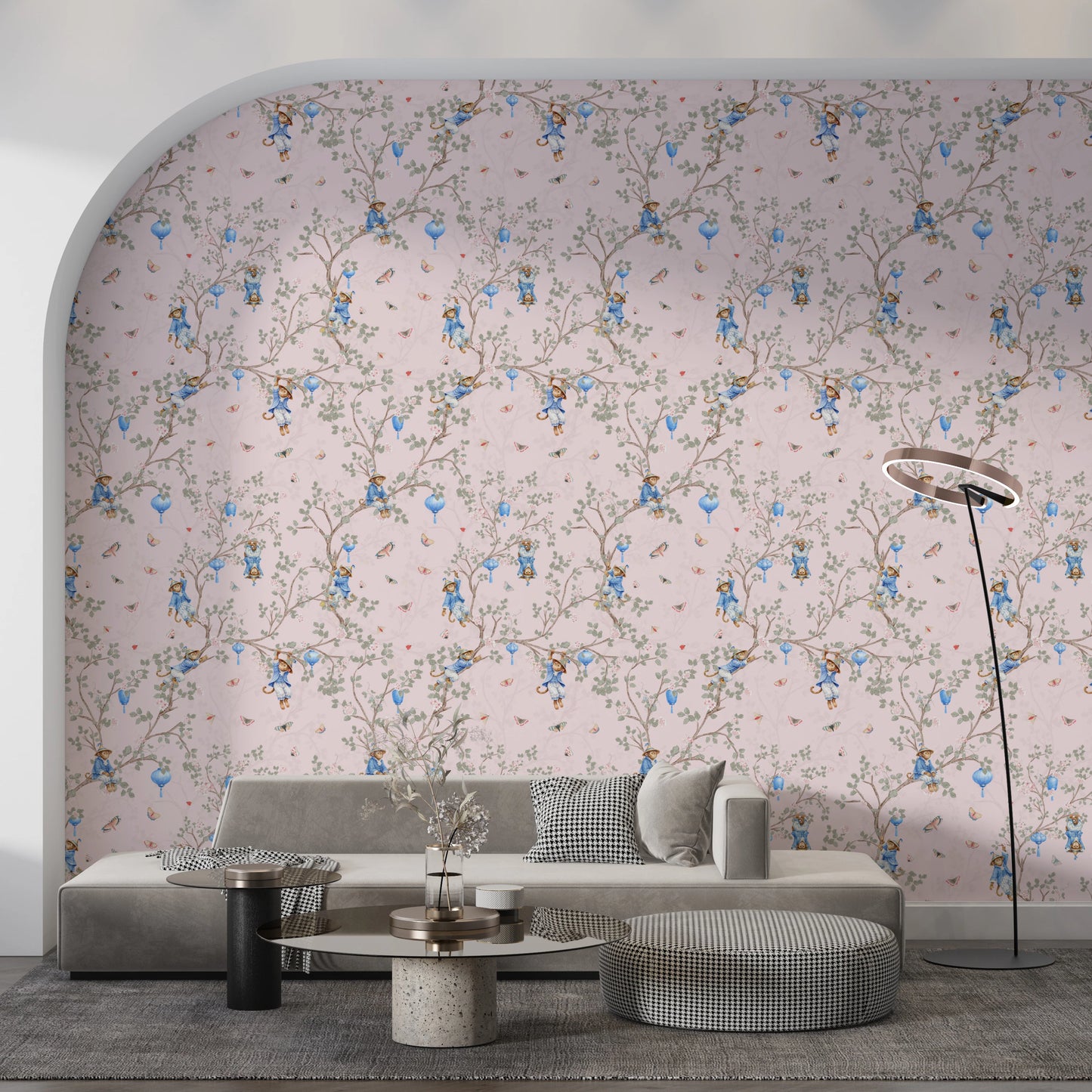 Vintage Rococo Chinoiserie Asian Lanterns with Monkeys and Sakura Flowers pink Wallpaper⁠