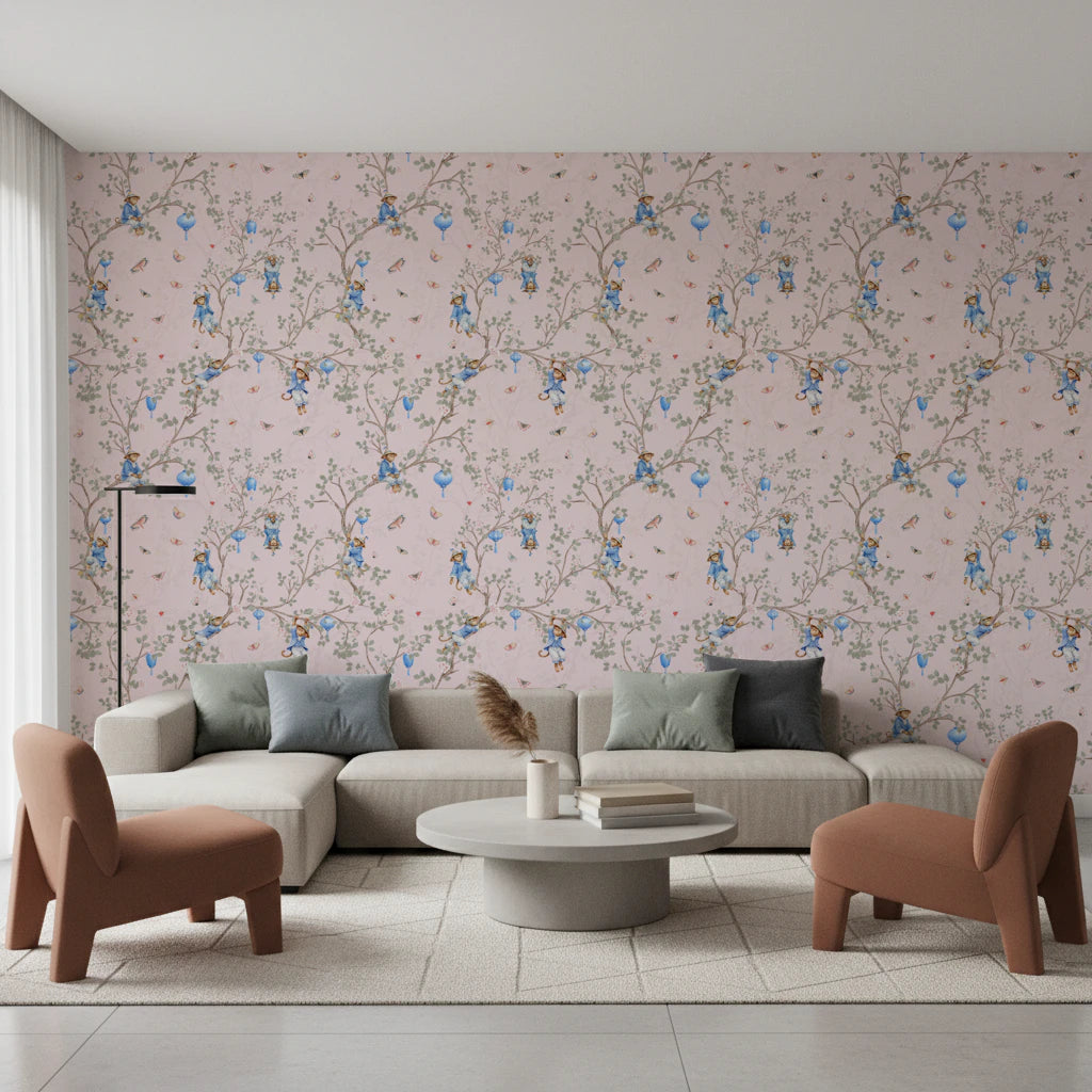 Vintage Rococo Chinoiserie Asian Lanterns with Monkeys and Sakura Flowers pink Wallpaper⁠