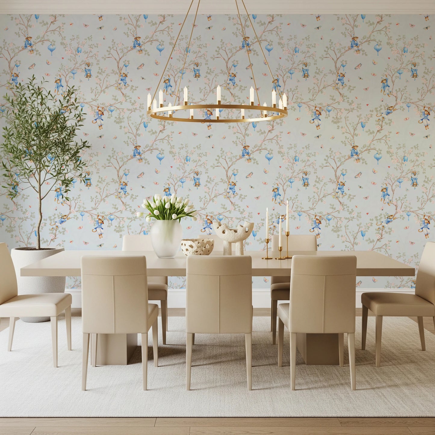 Vintage Rococo Chinoiserie Asian Lanterns with Monkeys and Sakura Flowers blue Wallpaper⁠