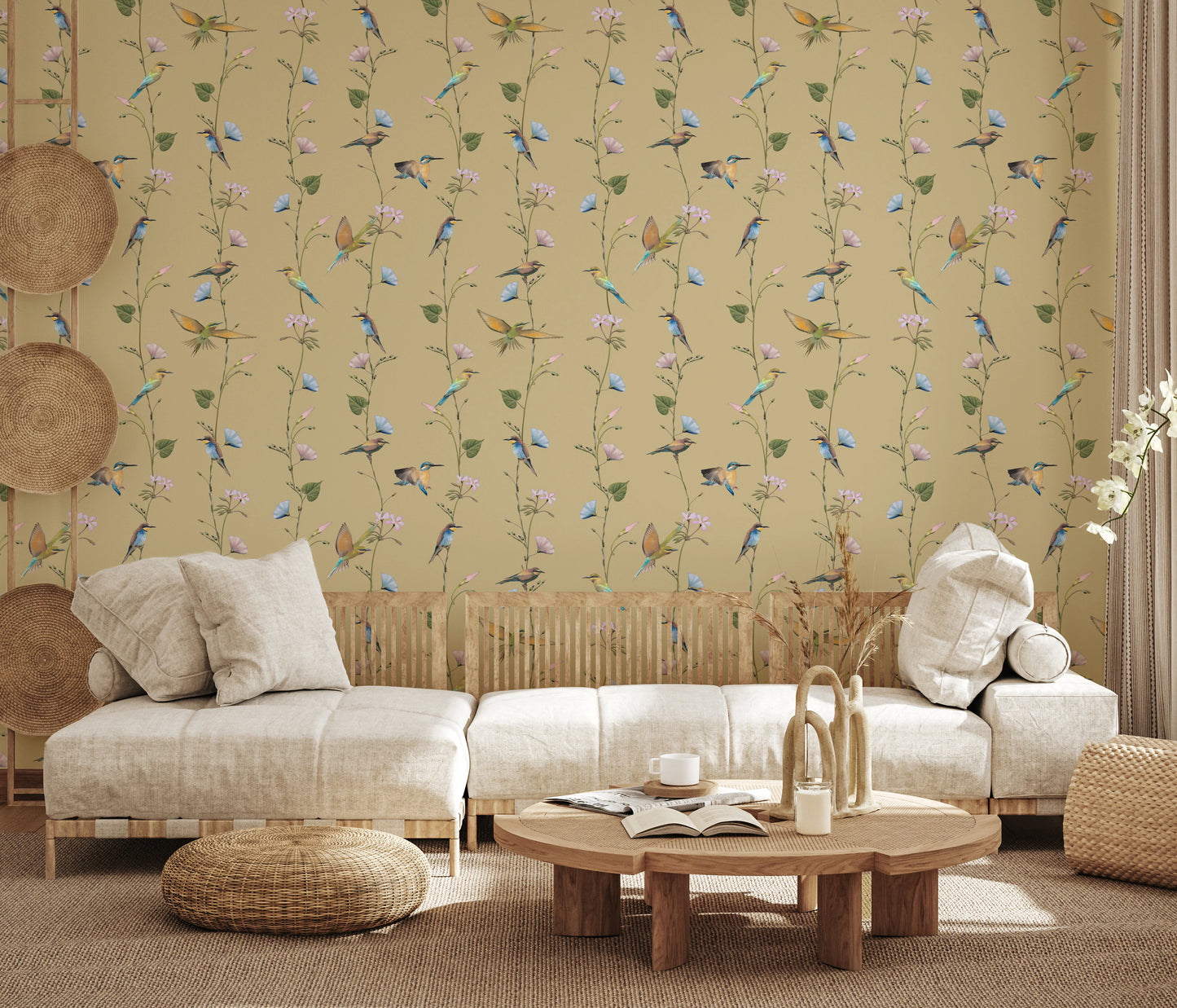 Pastel Songbirds on Beige Wallpaper⁠