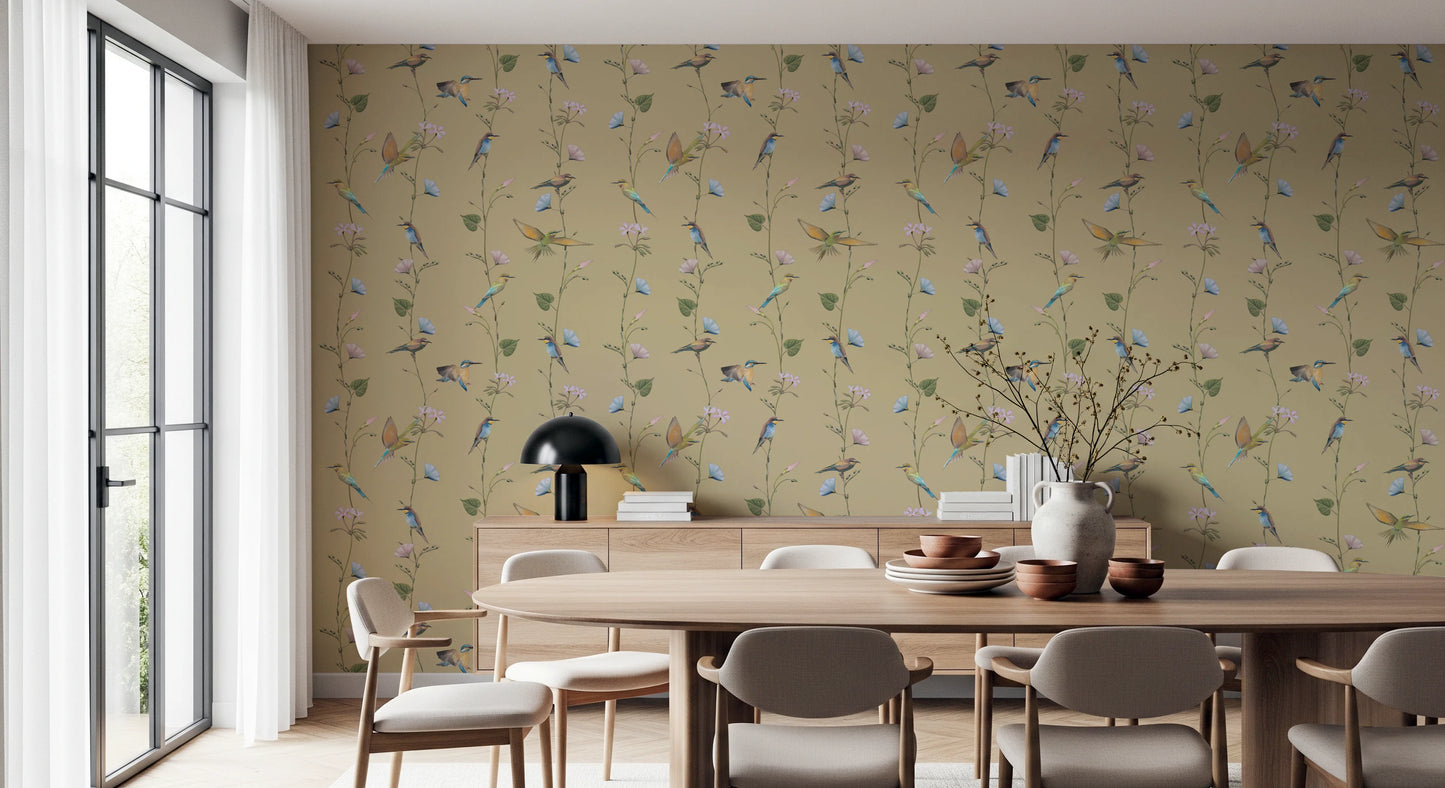 Pastel Songbirds on Beige Wallpaper⁠