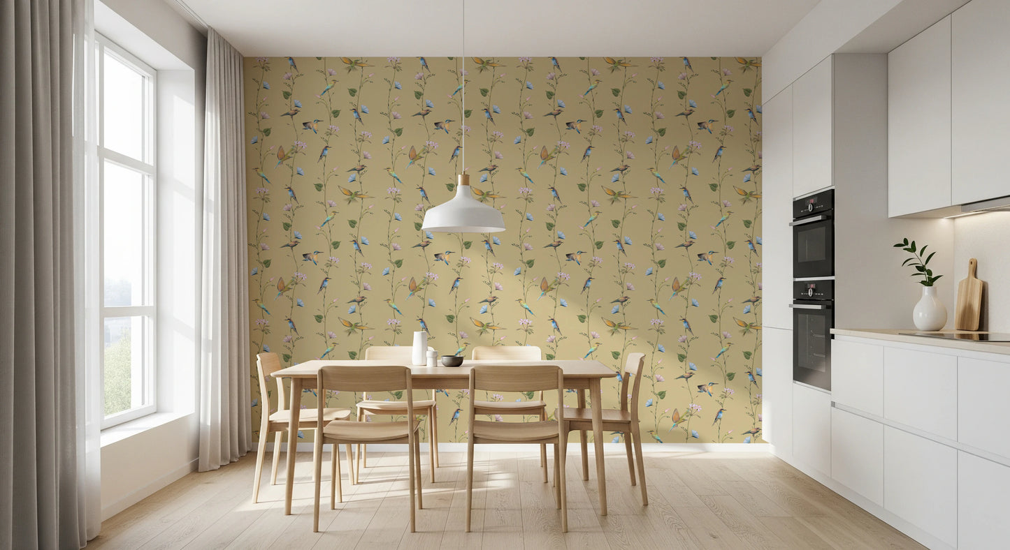 Pastel Songbirds on Beige Wallpaper⁠
