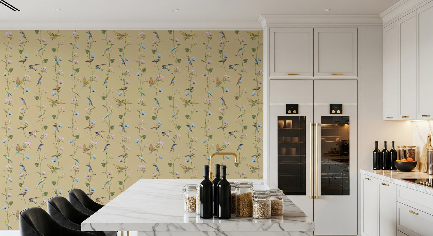 Pastel Songbirds on Beige Wallpaper⁠