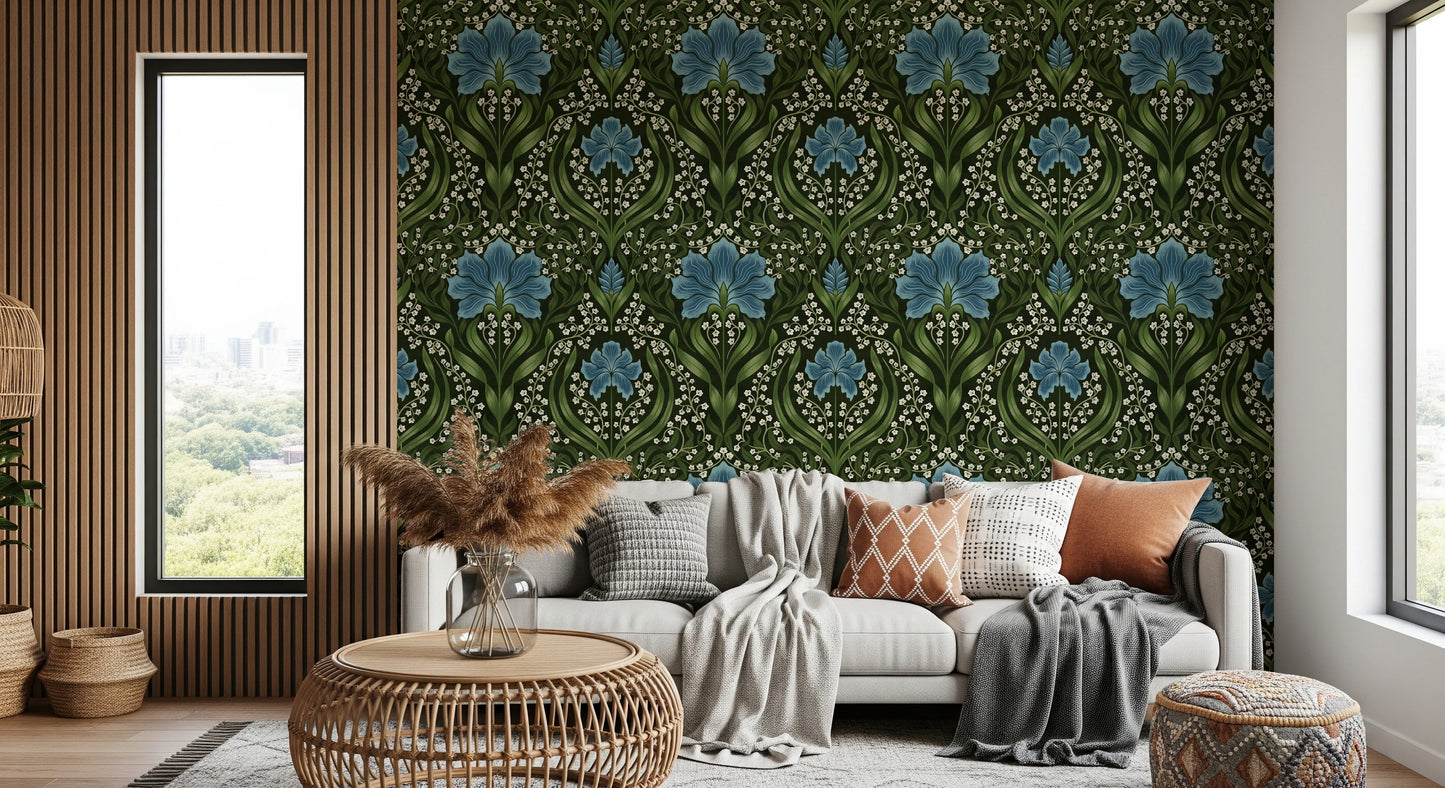 Intricate floral damask - blue Wallpaper