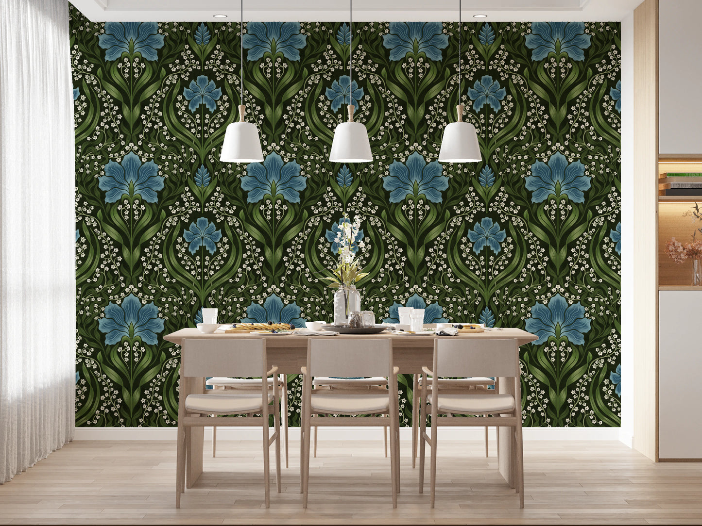 Intricate floral damask - blue Wallpaper