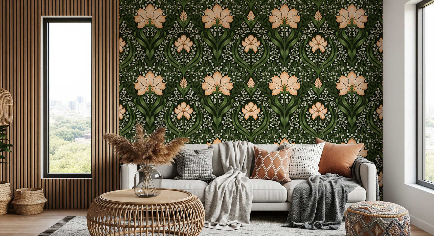 Intricate floral damask - apricot Wallpaper⁠