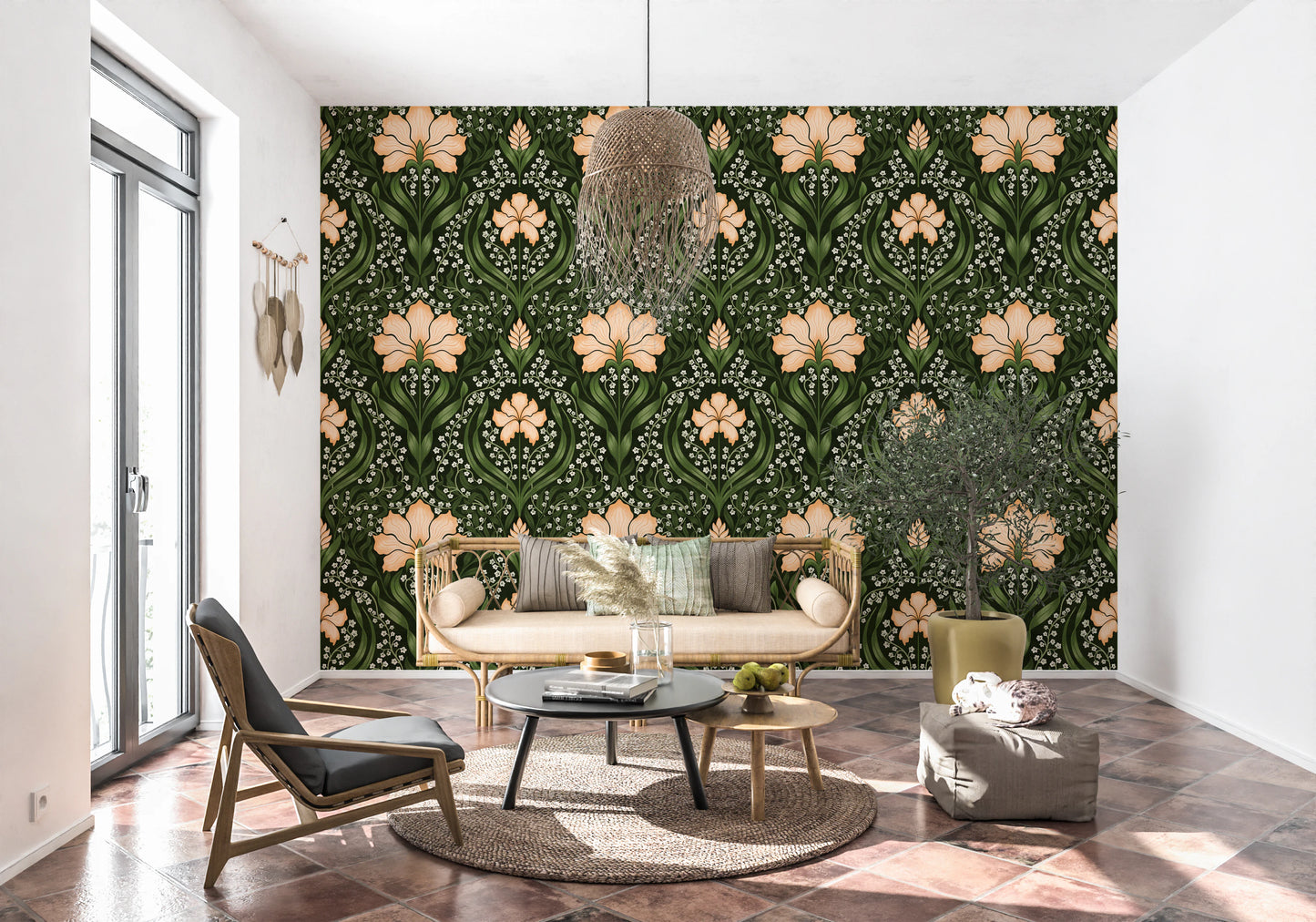 Intricate floral damask - apricot Wallpaper⁠
