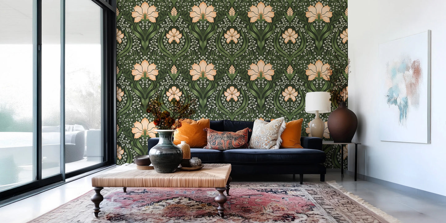 Intricate floral damask - apricot Wallpaper⁠