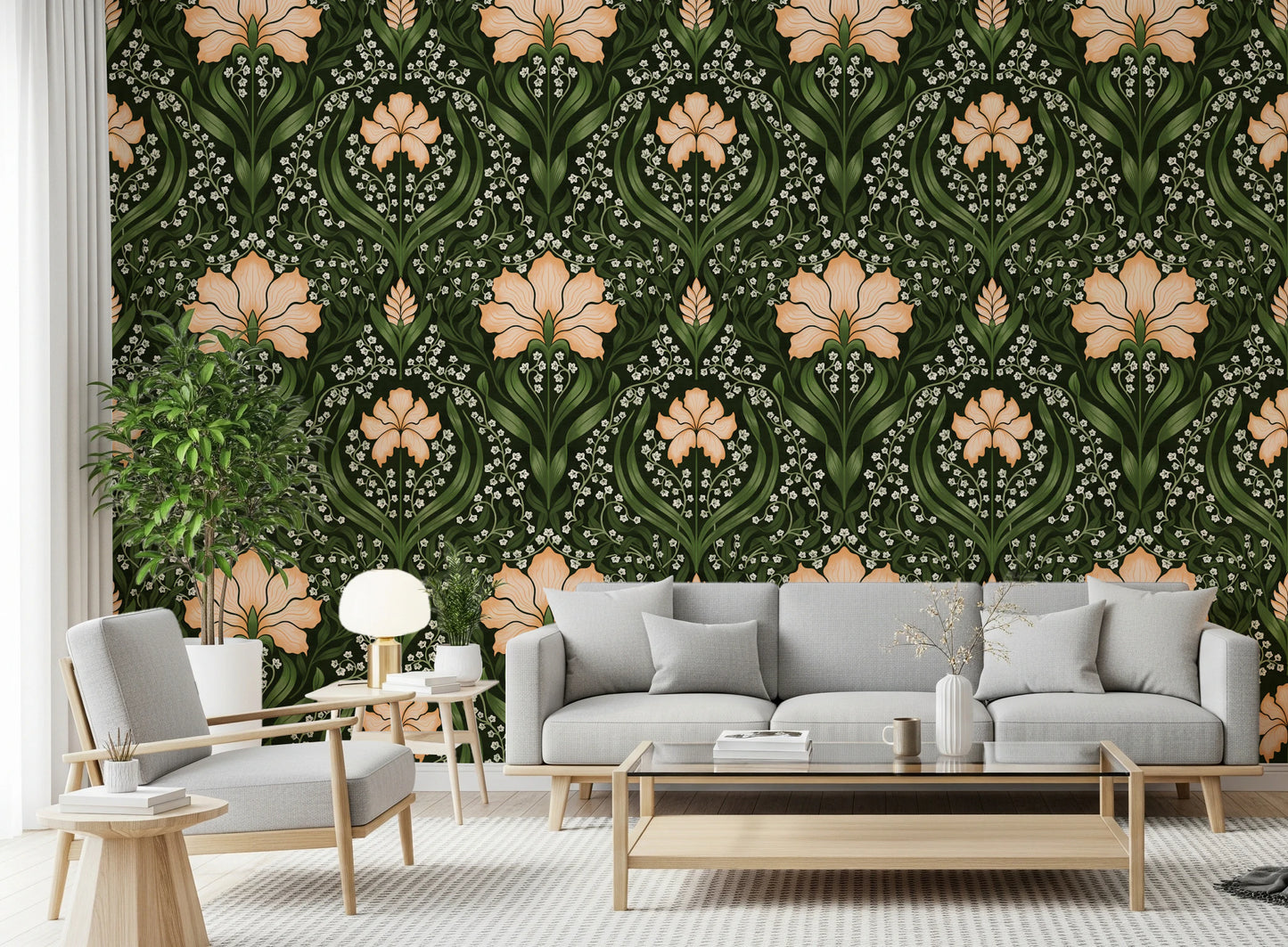 Intricate floral damask - apricot Wallpaper⁠