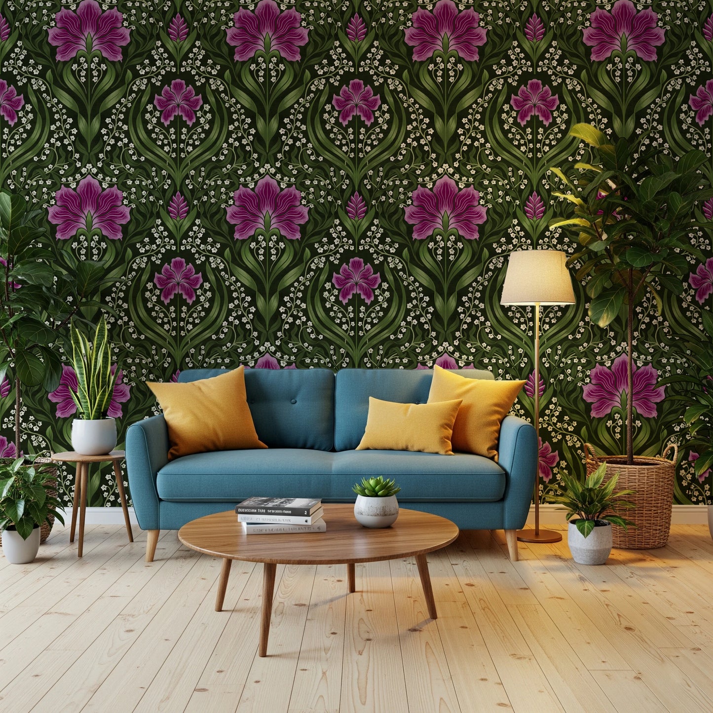 Intricate floral damask -  purple Wallpaper⁠