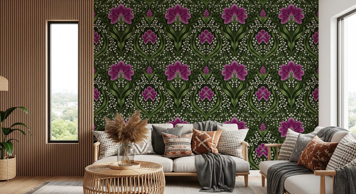 Intricate floral damask -  purple Wallpaper⁠