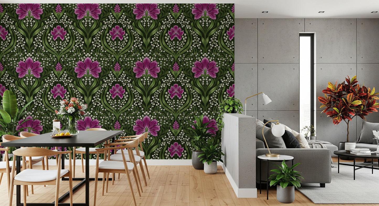 Intricate floral damask -  purple Wallpaper⁠
