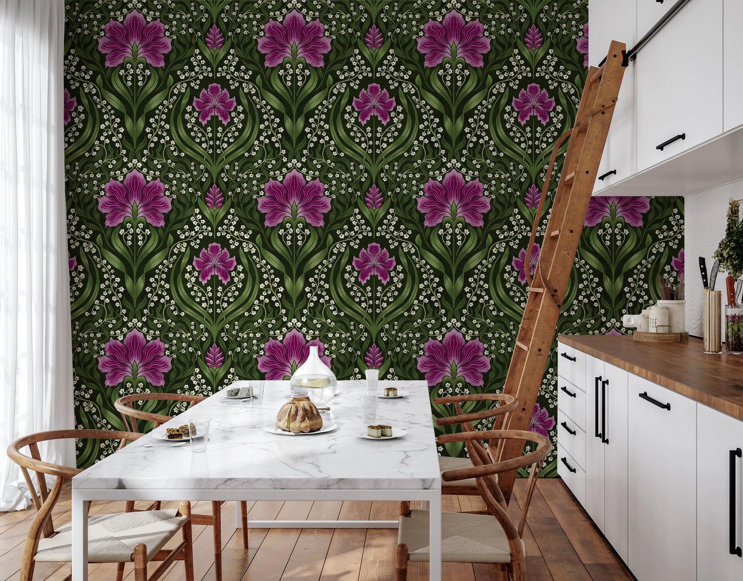 Intricate floral damask -  purple Wallpaper⁠