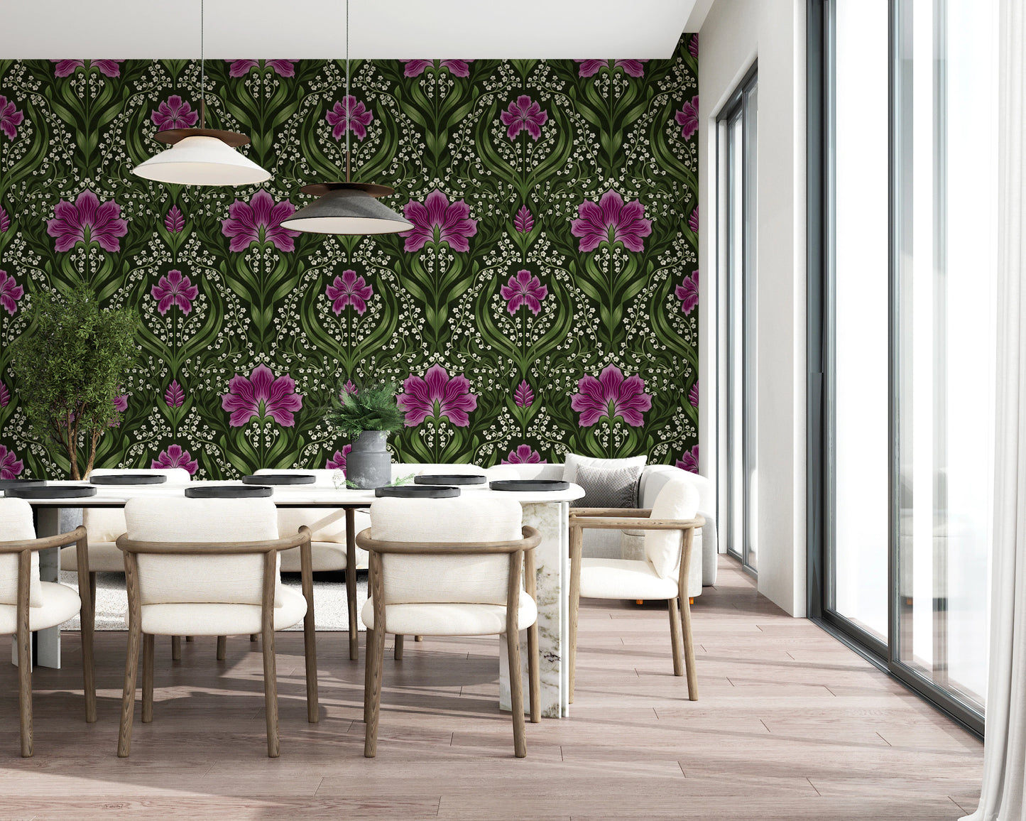 Intricate floral damask -  purple Wallpaper⁠