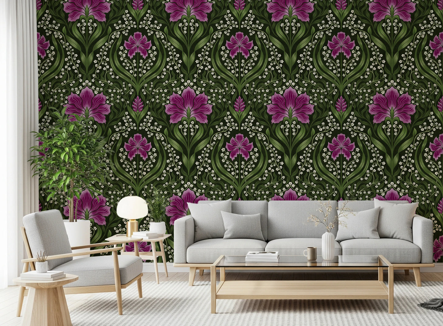 Intricate floral damask -  purple Wallpaper⁠