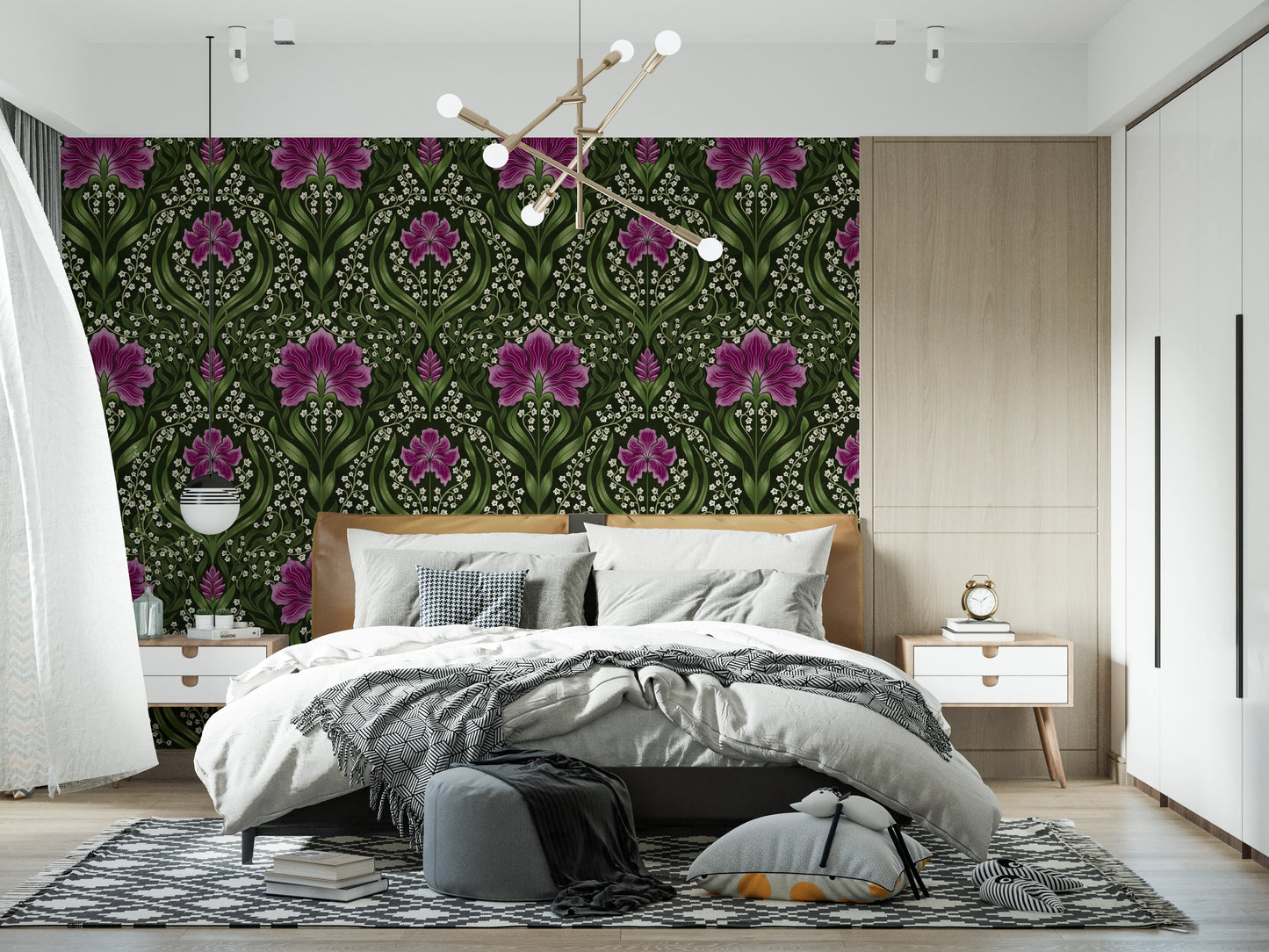 Intricate floral damask -  purple Wallpaper⁠
