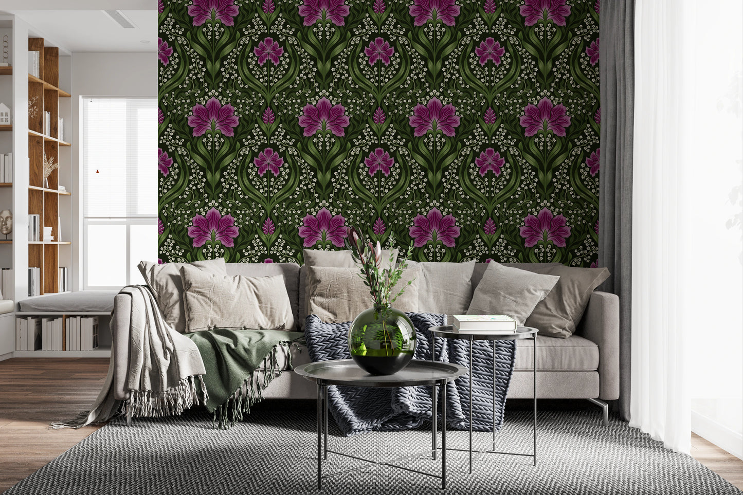 Intricate floral damask -  purple Wallpaper⁠